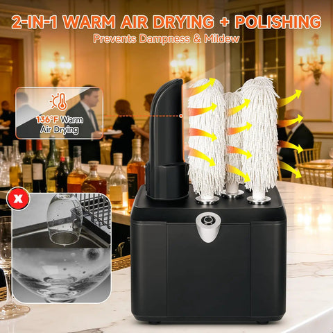 Commercial Glass Polisher And Bar Washer Delivers Crisp Spotless Shine With Smart Warm Air Blast Paired With Food Safe Bristles Handling Three Hundred Thirty Glasses Hourly A Total Hustle Saver For Busy Bars, showcasing warm air drying and polishing.
