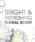 Bright and refreshing floral scent graphic design with flowers and bubbles, promoting Top Tier Charcoal Anti Dandruff Shampoo.