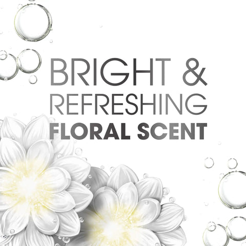 Bright and refreshing floral scent graphic design with flowers and bubbles, promoting Top Tier Charcoal Anti Dandruff Shampoo.