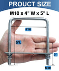 2 Pack M10 Square U Bolts 4 Inch Wide Stainless Steel Heavy Duty With Nuts, Bolt Plates And Washers, held by hand showing size