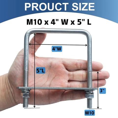 2 Pack M10 Square U Bolts 4 Inch Wide Stainless Steel Heavy Duty With Nuts, Bolt Plates And Washers, held by hand showing size