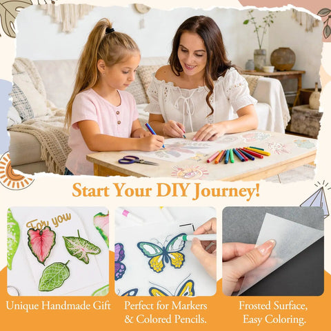 Super Slick Printable Shrink Plastic Sheets A4 Size 20 Pack Real Deal Heat Shrink Film For Inkjet Printers And Art Markers Easy DIY Craft Projects Totally Dope And No Hassle Clear Finish showcasing a mother and daughter crafting with markers on a table.