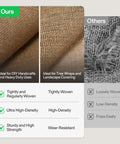 Comparison of tightly woven natural burlap and loosely woven fabric, highlighting benefits for DIY and landscape uses.