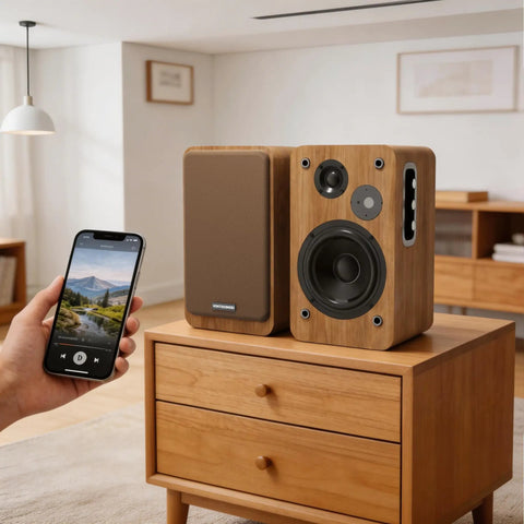 Bookshelf Studio Monitor Speakers 36W RMS Active Bluetooth 5.4 Wireless USB Audio, shown on wooden table, with phone pairing.