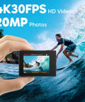 4K Action Camera With 20MP Photos, WiFi, EIS Stabilization, 131ft Waterproof, showing video capture of a surfer on a wave