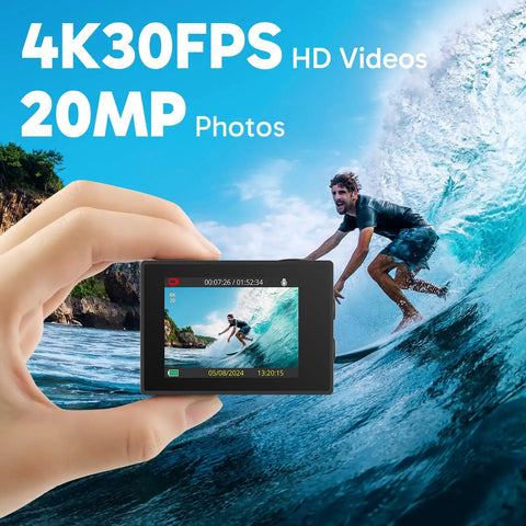 4K Action Camera With 20MP Photos, WiFi, EIS Stabilization, 131ft Waterproof, showing video capture of a surfer on a wave