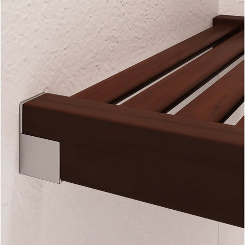 Close-up of Top Shelf Solid Wood Closet Organizer System With Mad Storage Capacity And Hella Sturdy Hanging Rods Wall Mounted Espresso Finish.