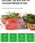 Raw meat and vegetables arranged on a surface with vacuum preservation benefits displayed below, emphasizing freshness and storage.