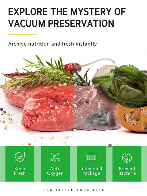 Raw meat and vegetables arranged on a surface with vacuum preservation benefits displayed below, emphasizing freshness and storage.