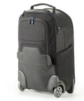 Front view of Streetwalker Rolling Camera Backpack With Dedicated Laptop Pocket And Minimalist Black Exterior, Hidden Zip Opening