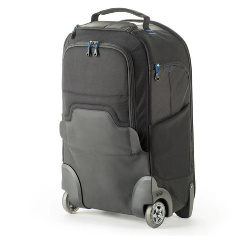 Front view of Streetwalker Rolling Camera Backpack With Dedicated Laptop Pocket And Minimalist Black Exterior, Hidden Zip Opening