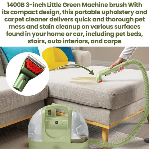 Person using Tough Stain Brush Tool Replacement For Little Green Machine Fits Portable Carpet And Upholstery Cleaners Compatible With 4075 2513E And Other Similar Models Must Have For Messy Spills on sofa