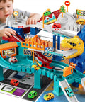 Child playing with Dinosaur Race Car Tracks For Toddlers And Kids Aged 3 To 8 With Dinosaur Climbing Hills And Ramps Includes 7 Small Cars Map