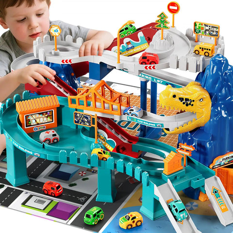 Child playing with Dinosaur Race Car Tracks For Toddlers And Kids Aged 3 To 8 With Dinosaur Climbing Hills And Ramps Includes 7 Small Cars Map