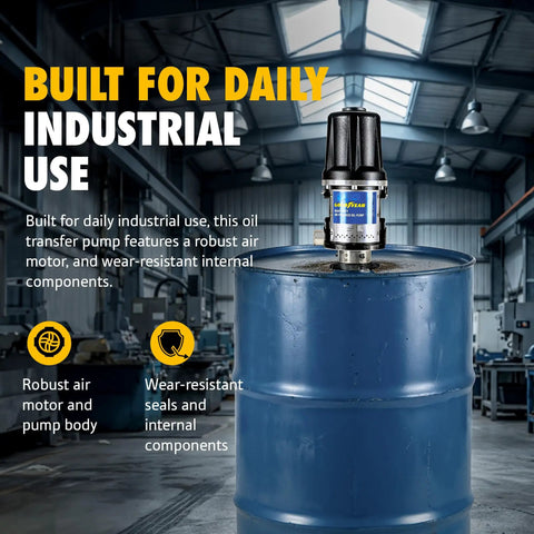 Heavy Duty Pneumatic Oil Pump Transfers 11.9 GPM Fast With Rust Resistant Stainless Steel And Icing Free Air Motor on oil drum.