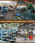 Factory setting with high temperature resistant casters used in various industrial carts and machinery environments.