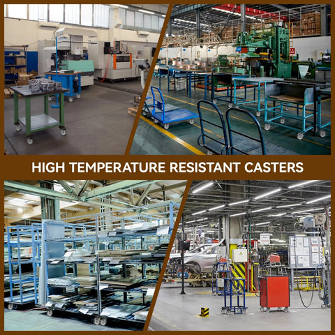Factory setting with high temperature resistant casters used in various industrial carts and machinery environments.