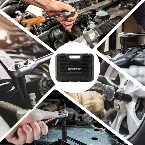 Mechanics using Half Inch Drive Impact Socket Set, 29-Piece Cr-V-M Steel Deep Sockets SAE Three Eighths to One Inch and Metric Ten to Twenty Four Millimeter, Extension Bars, and Storage Case.