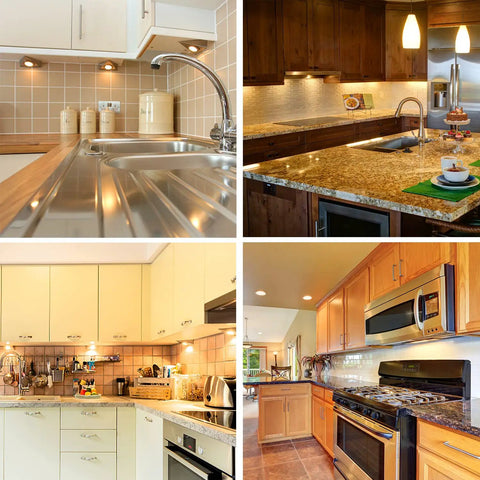 Multiple kitchen settings with under cabinet lighting using G8 Led Bulb Dimmable 3W T4 Led Bulb 20 to 25W Halogen Equivalent Warm White 3000K 120V Puck Light Bulbs For Under Cabinet And Under Counter Kitchen Lighting 6 Pack