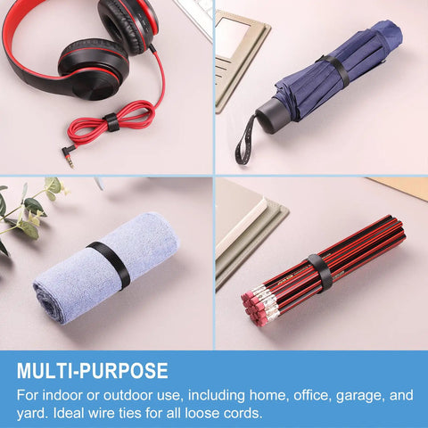 Eight Inch Reusable Cable Ties With Hook And Loop Wraps For Easy And Slick Cable Management And Cord Organization shown with bundled items