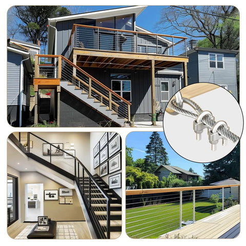 Three Sixteenth Inch Wire Rope Clips Kit With One Hundred Feet PVC Coated Galvanized Steel Cable Featuring Seven By Seven Strand Core setup on deck railings and stairs, with close-up of clamps.