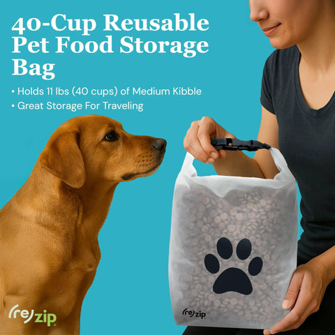 Large Roll Top Pet Food Storage Bag With Airtight Seal Keeps Kibble Fresh 40 Cup Capacity BPA Free shown held by person with dog.