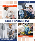 Collage image showing diverse jobs: butcher processing meat, painter with canvas, worker in manufacturing plant, and person holding cleaning supplies.