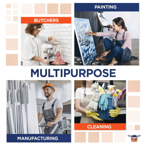 Collage image showing diverse jobs: butcher processing meat, painter with canvas, worker in manufacturing plant, and person holding cleaning supplies.