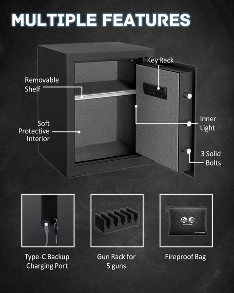 Open 1.33 Cu Ft Biometric Safe Box With Fireproof Waterproof Document Bag showing interior shelf, key rack, and protective features.