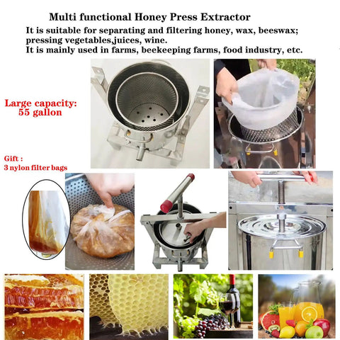 Heavy Duty Manual Honey Press Built With Thick 304 Stainless Steel For Serious Durability, 55 gallon capacity for honey and juice extraction.