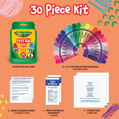 Crayola First Aid Kit, 30 pieces; compact travel kit with colorful crayon-shaped bandages and hand cleansing wipes