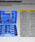 Mess Free Pneumatic Fluid Extractor And Dispenser Set with 15 ATF adapters in blue case, model compatibility list on the side