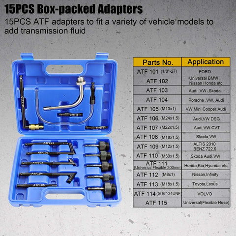 Mess Free Pneumatic Fluid Extractor And Dispenser Set with 15 ATF adapters in blue case, model compatibility list on the side