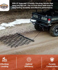 Rugged 6 Foot By 4 Foot Tow Behind Drag Harrow With Powder Coat Black Finish used with ATV for soil breakup in gardens.
