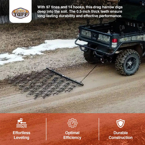Rugged 6 Foot By 4 Foot Tow Behind Drag Harrow With Powder Coat Black Finish used with ATV for soil breakup in gardens.
