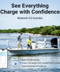 Two fishermen on a boat using a Bluetooth 5.0 Guardian to monitor the Heavy Hitter 12 Volt 165 Ah Lithium Starting Battery.