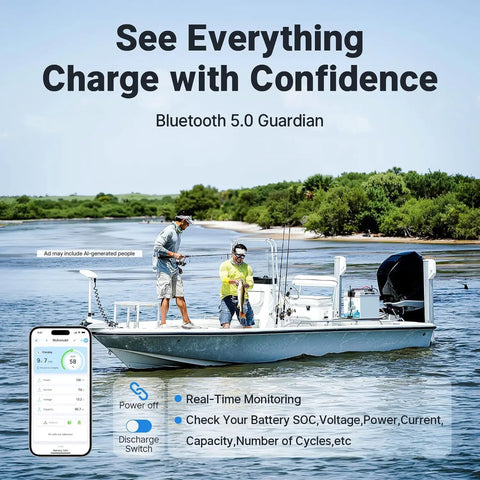 Two fishermen on a boat using a Bluetooth 5.0 Guardian to monitor the Heavy Hitter 12 Volt 165 Ah Lithium Starting Battery.