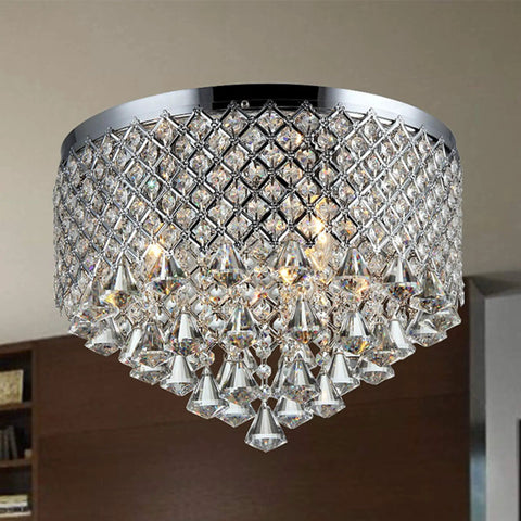 Chrome Three Light Crystal Flush Mount Ceiling Light With Showstopper Crystal Clusters, 16 Inch Diameter, Modern Flush Mount Fixture.