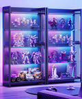 Four Tier Tempered Glass Display Cabinet With RGB Led Lighting And Music Sync For Flexing Sneakers Figurines And Dope Collectibles In Any Game Night Vibes Setup, showcasing figurines with vibrant lighting.