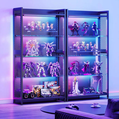Four Tier Tempered Glass Display Cabinet With RGB Led Lighting And Music Sync For Flexing Sneakers Figurines And Dope Collectibles In Any Game Night Vibes Setup, showcasing figurines with vibrant lighting.
