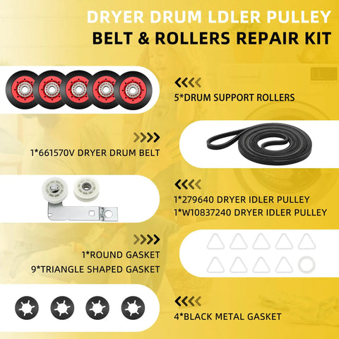 Pro Grade Dryer Repair Kit With 5 Wheels And Idler Pulley, Includes 661570V Drum Belt, WPW10314173 Drum Roller, And 279640 Idler Pulley
