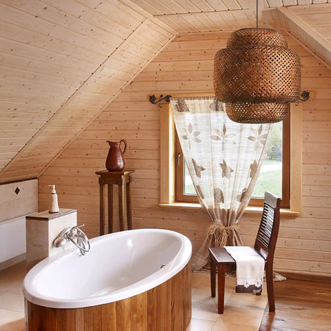 Bathroom with wooden decor and Hand Woven Bamboo Pendant Light 16 By 17 Inch Rattan Hanging Lamp With Wicker Basket Shades