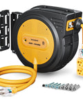 Retractable 40 Foot Extension Cord Reel With 10 AWG Heavy Duty SJTOW Cable, 20A Breaker Protected, wall mount with yellow outlets
