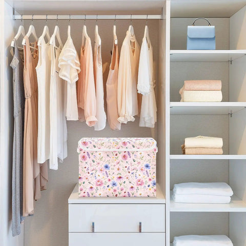 Heavy Duty Foldable Storage Bin With Secure Flip Top Lid And Collapsible Build For Bedroom Essentials and floral design inside closet.
