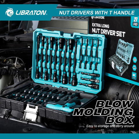 27 Piece Magnetic Nut Driver Set With Ratcheting T Handle All In One Fastening Kit in blow molding box on car engine