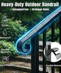 Hella Secure 2 Pack Outdoor Stair Handrails For 2 To 3 Steps Rock Solid Galvanized Metal Porch Railing With No Sweat Install Kit Durable Black Deck Grip For Exterior Stairs with waterproof features and drainage holes