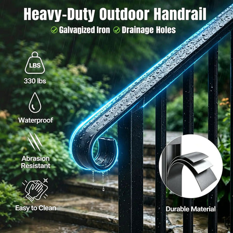 Hella Secure 2 Pack Outdoor Stair Handrails For 2 To 3 Steps Rock Solid Galvanized Metal Porch Railing With No Sweat Install Kit Durable Black Deck Grip For Exterior Stairs with waterproof features and drainage holes