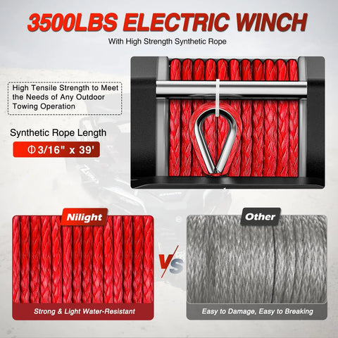 Beefy 3500 Lb ATV UTV Winch With 12V DC Motor Synthetic Rope Wireless Remote Wired Switch Fairlead And Mounting Plate Waterproof Portable Tow Winch For Jeeps Trucks Trailers And Off Road Adventures red synthetic rope close-up