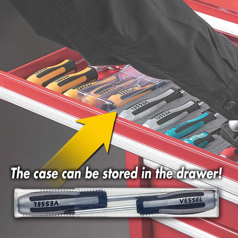 Tool drawer with VESSEL screwdrivers, illustrating case storage, ideal for organizing shop equipment.