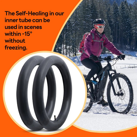Cyclist in snowy landscape with Two Pack 27.5 Inch Self Sealing Bicycle Inner Tubes With AV32mm Schrader Valve, inset of tubes